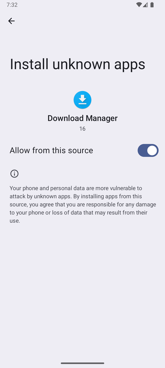 Android 16 install unknown apps screen with Allow from this source switched on
