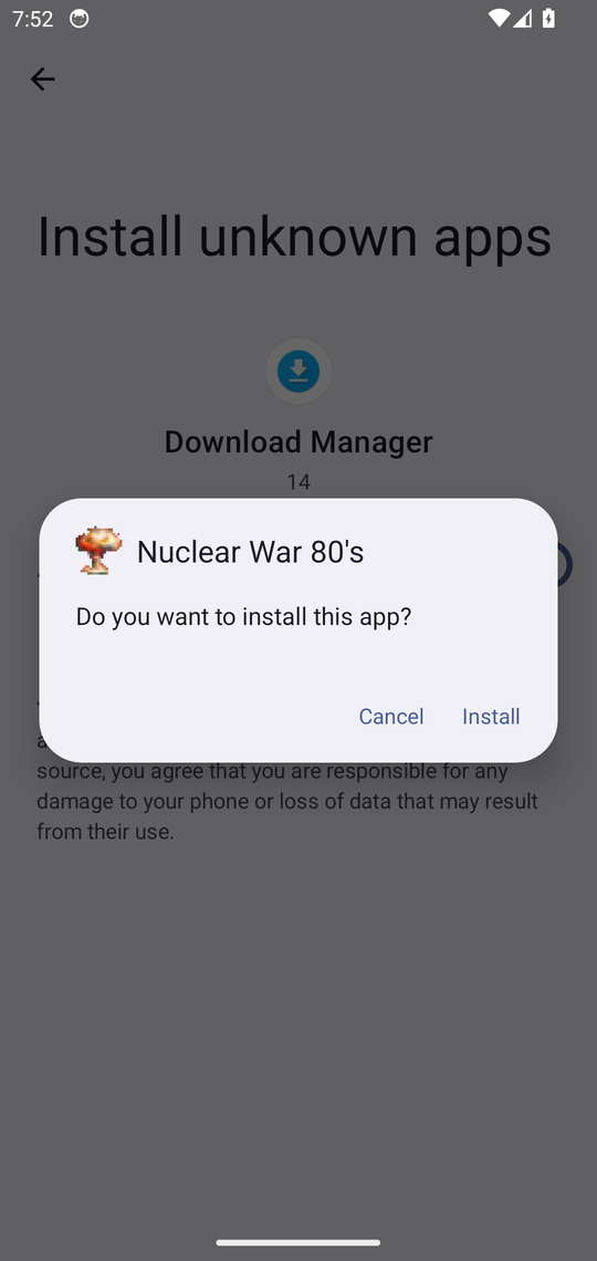 Android 14 install unknown apps screen with Allow from this source switched on