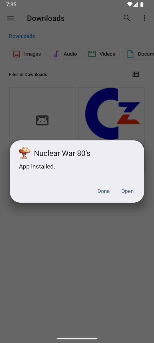 Android 16 app installed dialog with Done and Open buttons