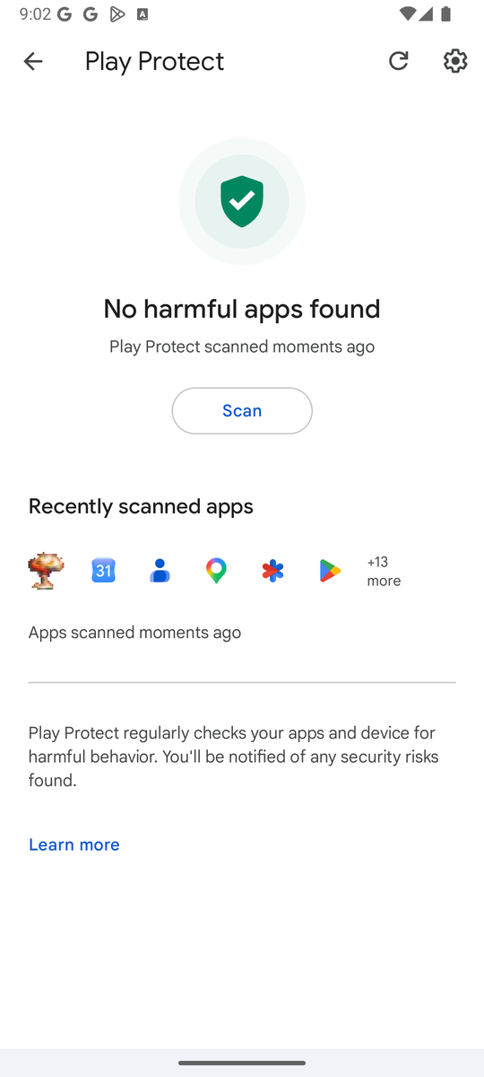 Google Play Protect scan result: No harmful apps found, with CzenVault among recently scanned apps
