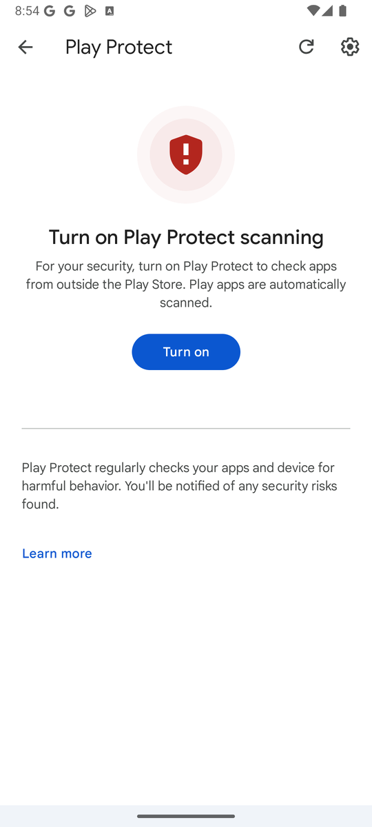 Google Play Protect consent screen: Turn on Play Protect scanning, with Turn on button