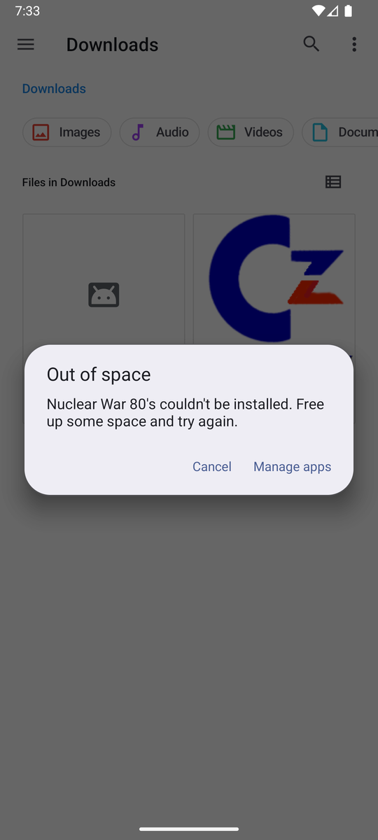 Out of space dialog: app could not be installed, free up some space and try again