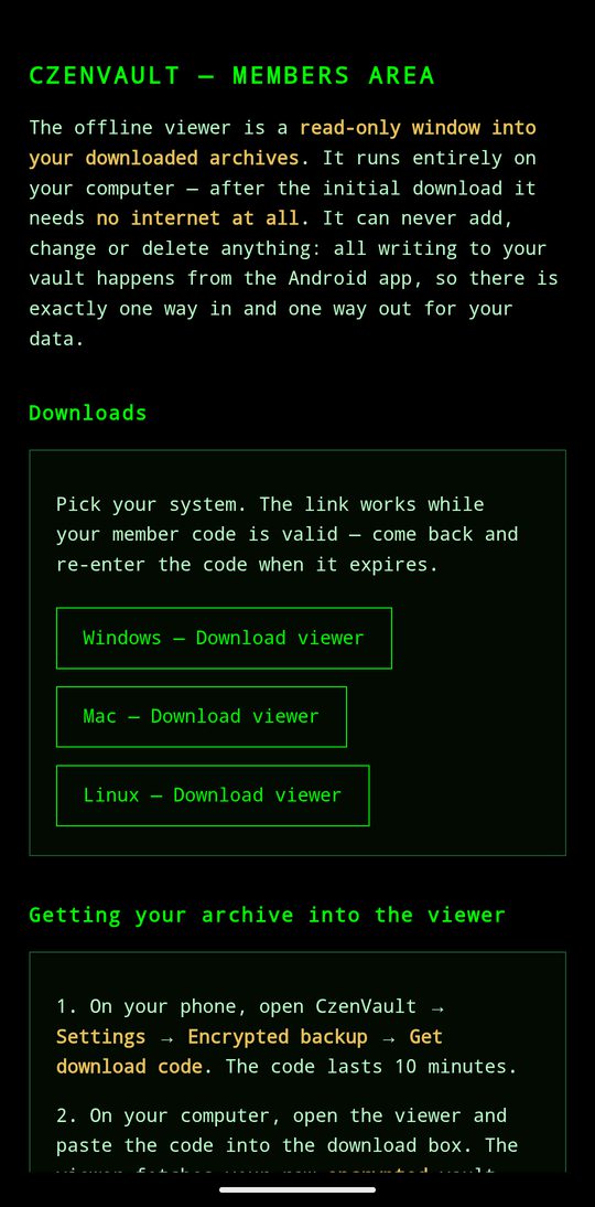 Inside the CzenVault members area showing download buttons for Windows, Mac, Linux and the Android app, each with its platform logo