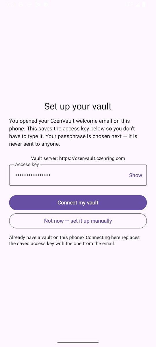CzenVault asking permission to save the access key from the welcome email