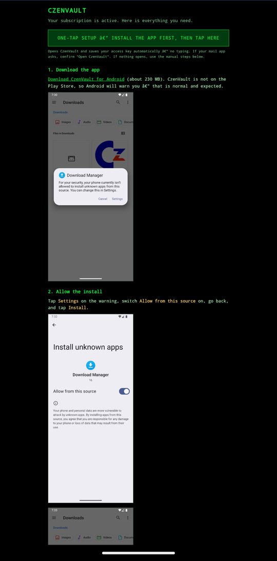 The CzenVault welcome email showing the green ONE-TAP SETUP button above the manual steps