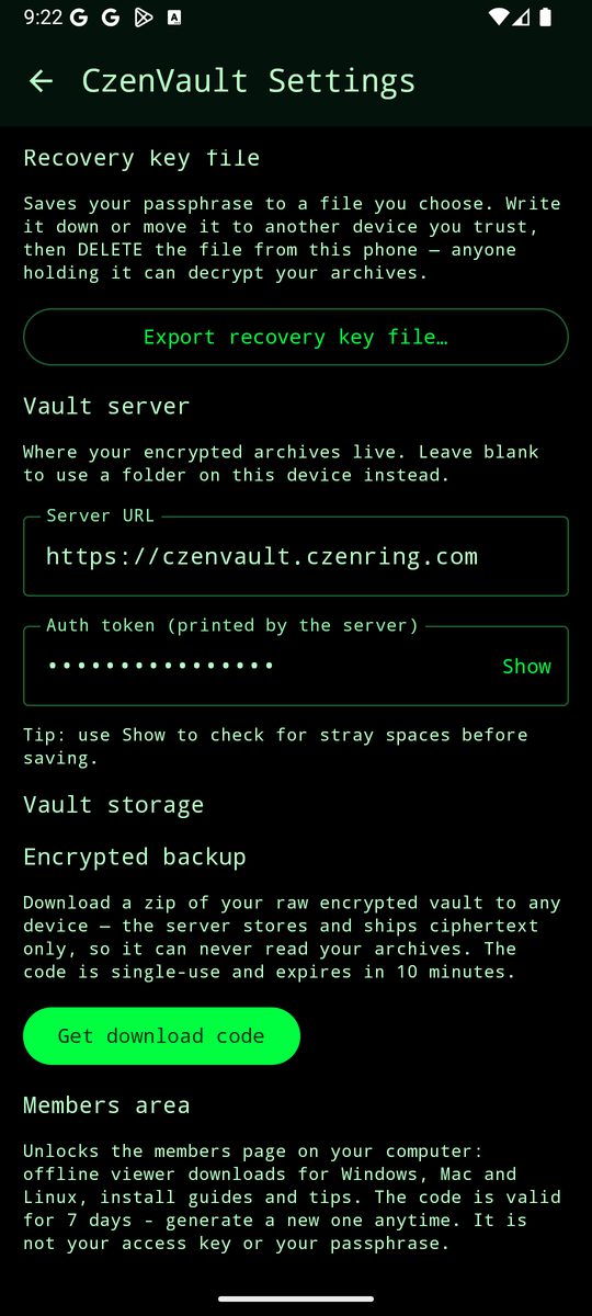 CzenVault settings with the vault server URL and access key already filled in