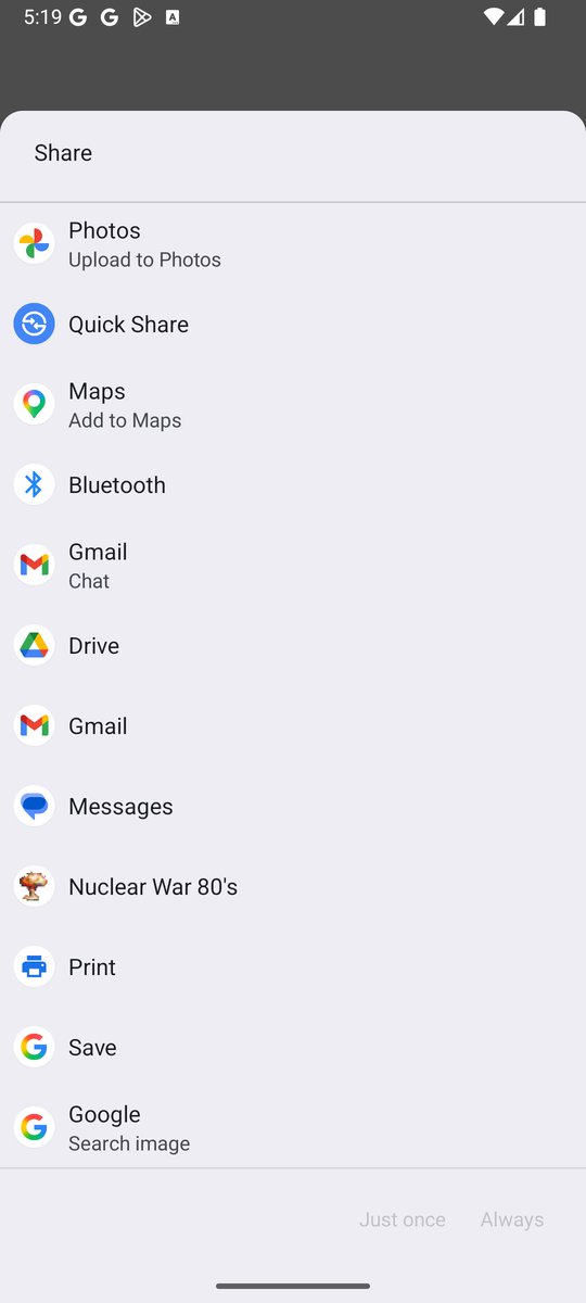 Android share sheet with Nuclear War 80's as a share target